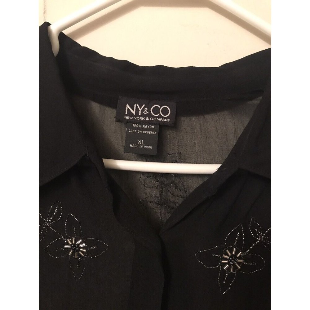 Black Sheer Nylon Blouse Glitter Seed Beed Embroidered Flowers Sexy XL by NY&CO.